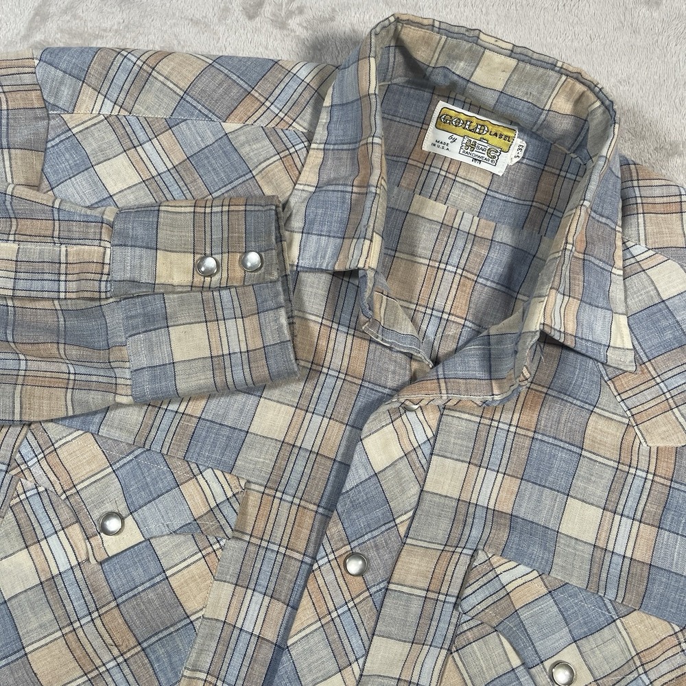 VTG 70s H Bar C Gold Label Ranchwear Western Plaid Shirt‎ Pearl Snap 16-33 Flaw